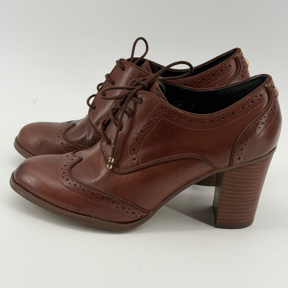 Tommy Hilfiger Brown Leather Wingtip Oxford Heels Lace Up Brogue Block Heel 9.5